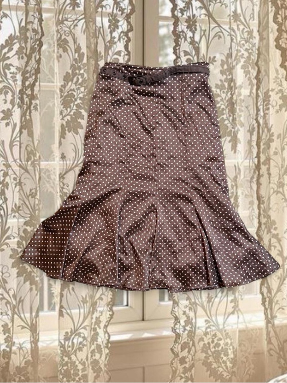 Vintage Y2K Brown Midi Polka Dot Flare Skirt with Belt